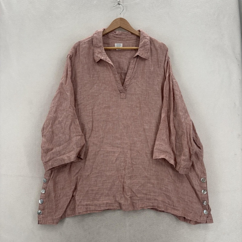 Sigrid Olsen Blouse Womens 3X Plus Pink Linen Collared Kimono 3/4 Sleeve Tunic